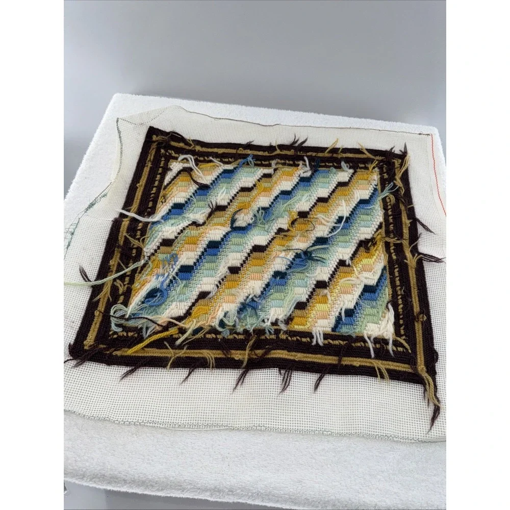 Vintage Needlepoint Unfinished Square Geometric Design Pillow or Framed Art